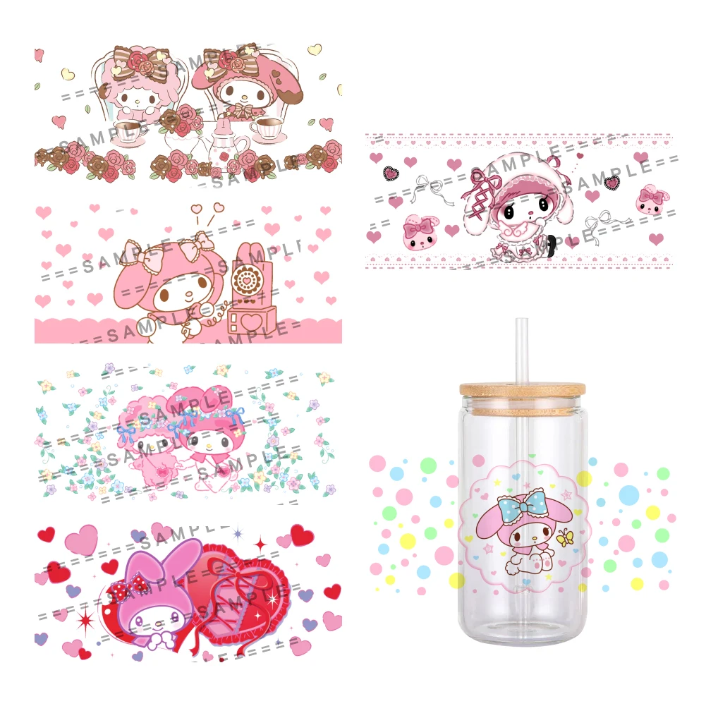 Sanrio My Melody Impresso Envoltório Adesivo para Copo de Vidro Can, Impermeável, UV, DTF Impresso, 11x24cm, 16oz