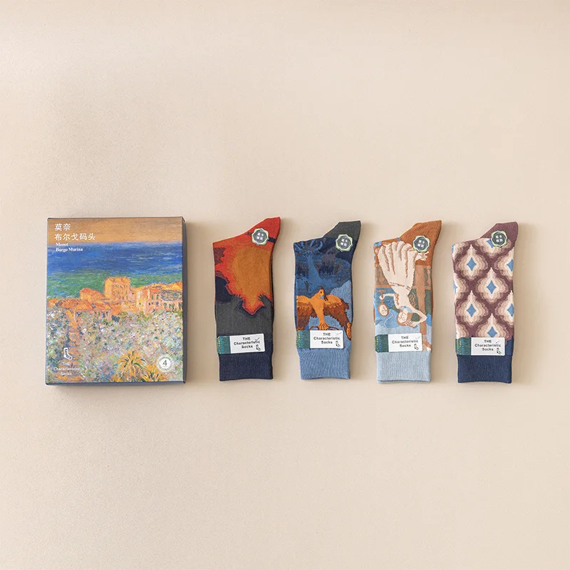 ギフトボックスソックス-4足組-モネシリーズ-油絵風-ファッション-コーマ綿-滑り止め-吸汗性-オールシーズン対応