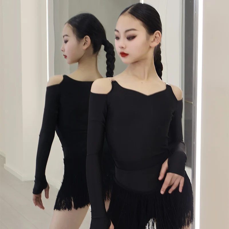 فستان للفتيات للرقص اللاتيني بأكمام طويلة ملابس تدريب الرقص تشا تشا رومبا للأطفال فستان مسابقة الرقص اللاتيني باللون الأحمر