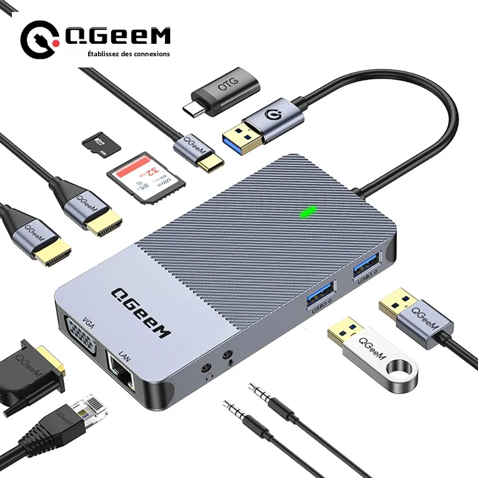 Station d'accueil USB 3.0 QGeeM, Hub USB triple écran, double moniteur, station d'accueil USB C pour ordinateur portable compatible avec MacBook M1
