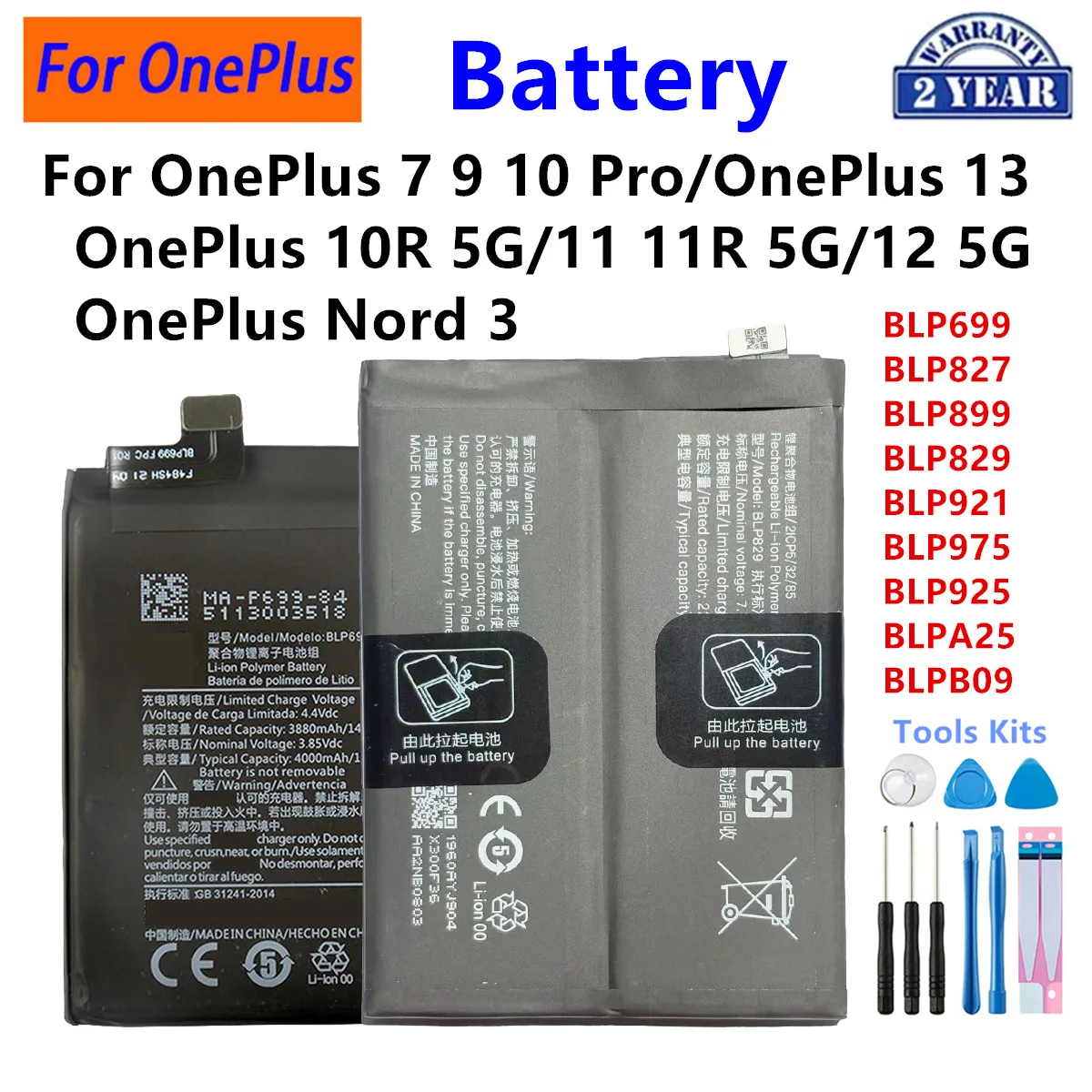 

BLP699 BLP827 BLP899 BLP829 BLP921 BLP975 BLP925 BLPA25 BLPB09 Battery For OnePlus 7 9 10 Pro OnePlus 12 13 10R 11R 5G Nord 3