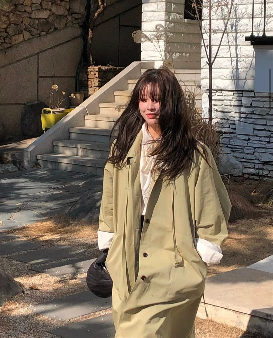 Loose Long Coat with Thin Waist Belt Spring New Design Women's Busin Casual Sle Pure Color  Collar Single Button