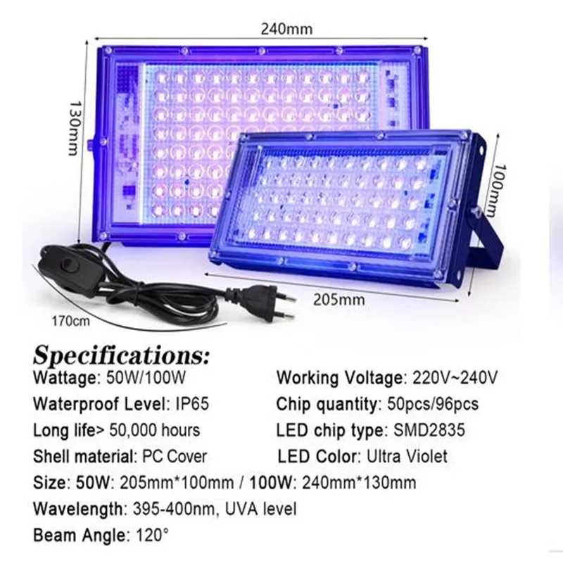 395nm 400nm Led UV Floodlight  Ultraviolet Stage Lamp 50W 100W LED Stage Blacklight Waterproof Disco Party Stage Backlight