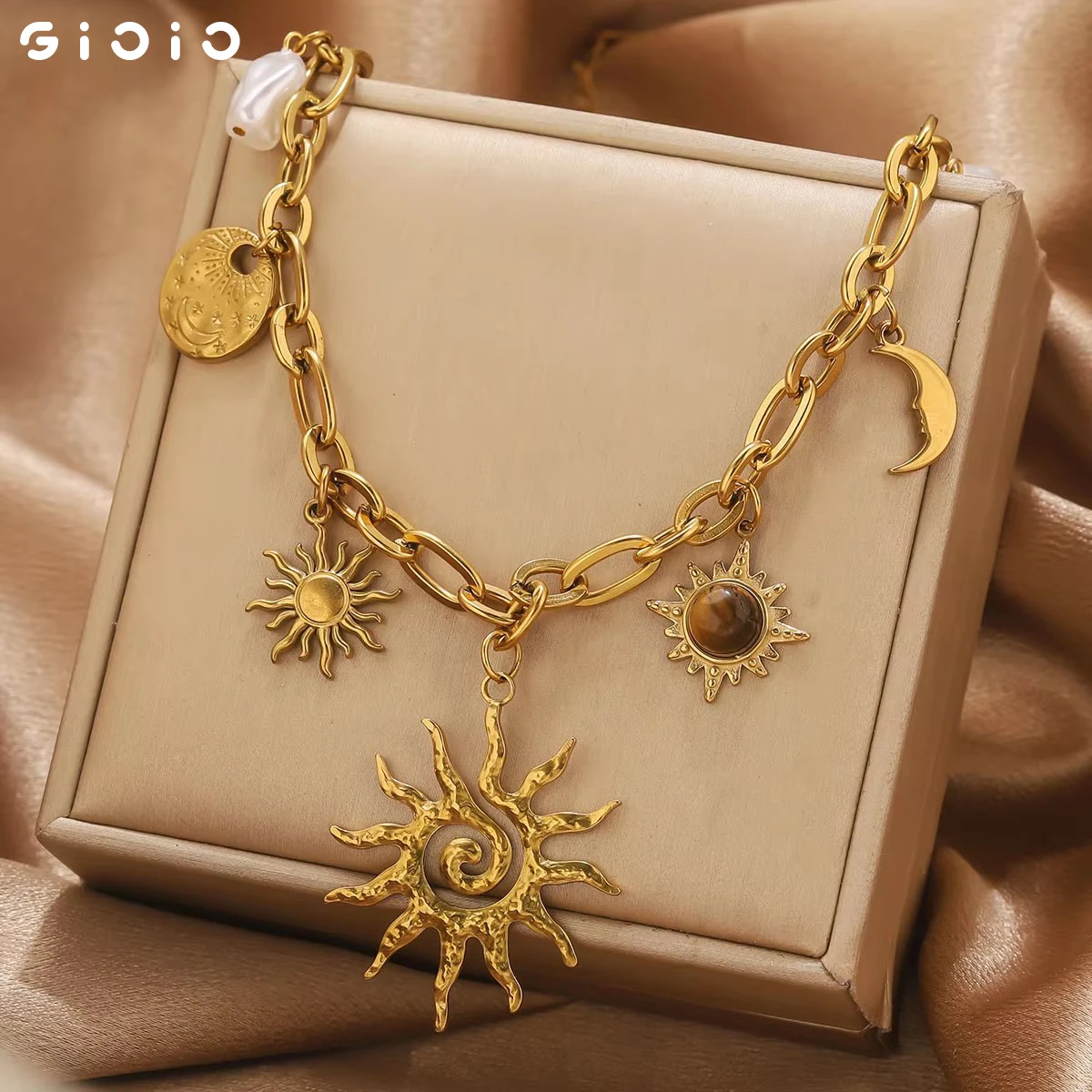 

GIOIO Trendy Moon Sun Shaped Pendant Necklace Nature Charms Stainless Steel Golden Necklace For Women Fashion Daily Jewelry