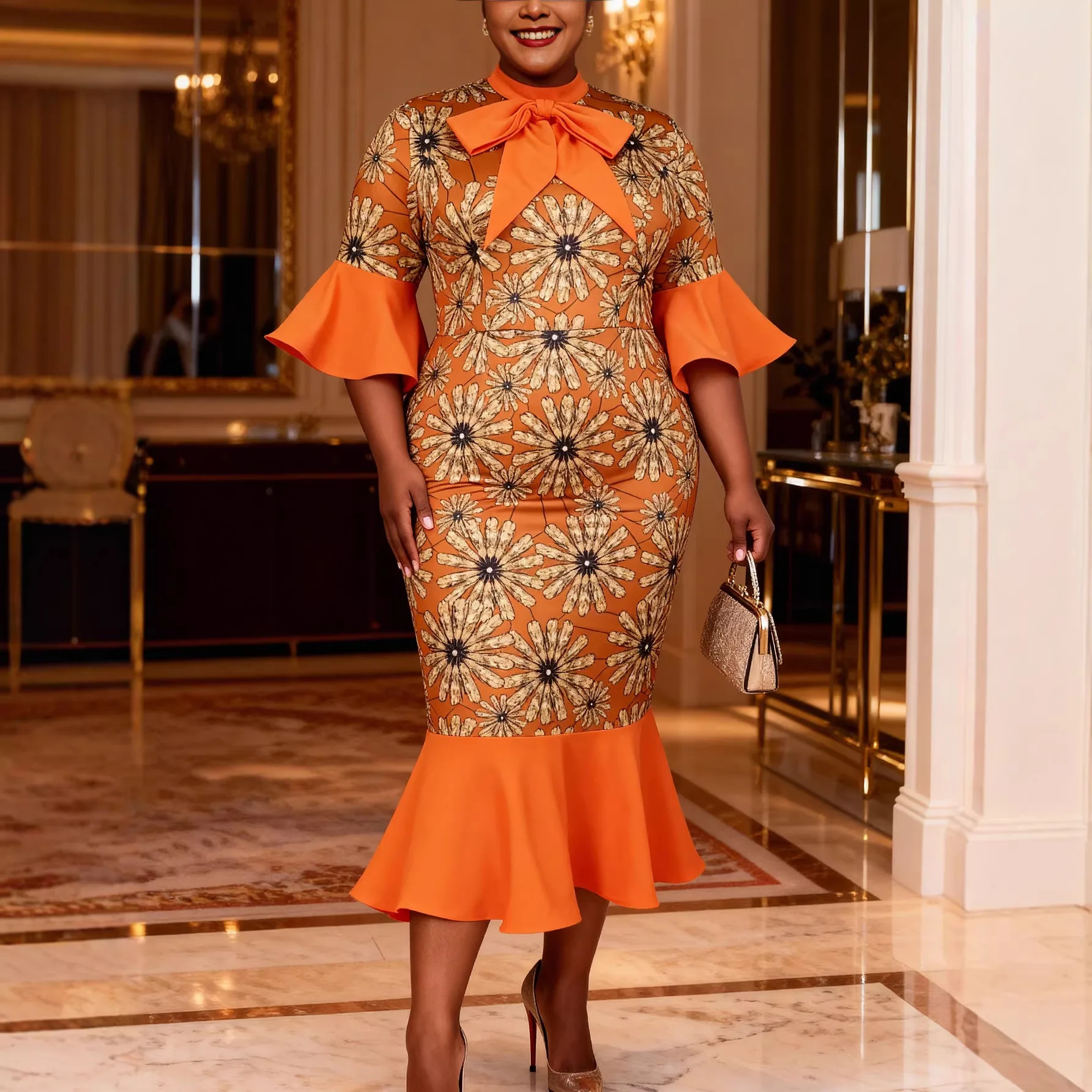 

Africa Clothing African Printed Women Elegant Church Dress Bowtie Half High Collar Mermaid Flare Sleeves Patchwork Office Ladies