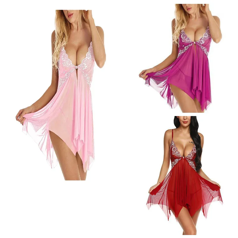 Summer Women Lace Strap Sexy Nightdress Deep V Mesh Side Split Multi Color Cool Comfort Breathable Luxury Chic Daily  Pajamas