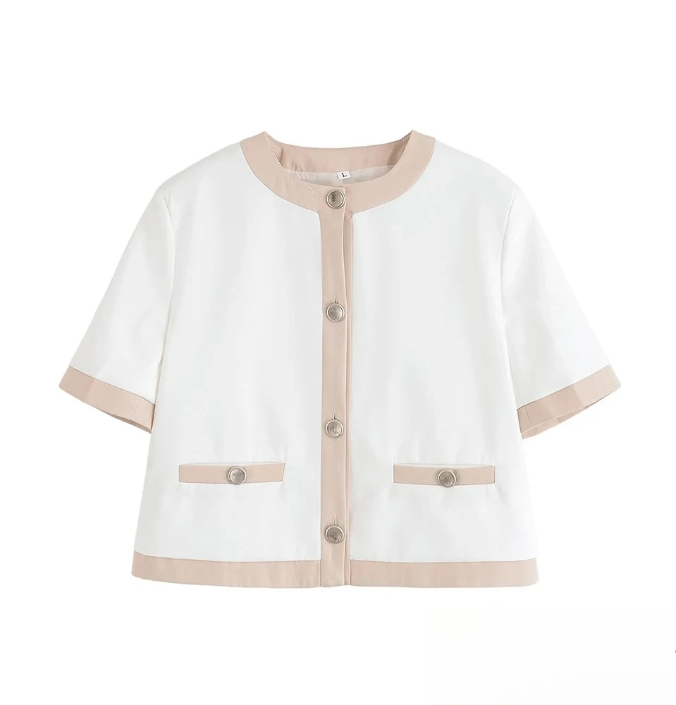 

KONDALA Elegant Lady Slim Blazer Short Sleeves Buttons O-Neck Blazer Jacker 2025 Spring Fall Fashion Simple Commute Lady Blazer