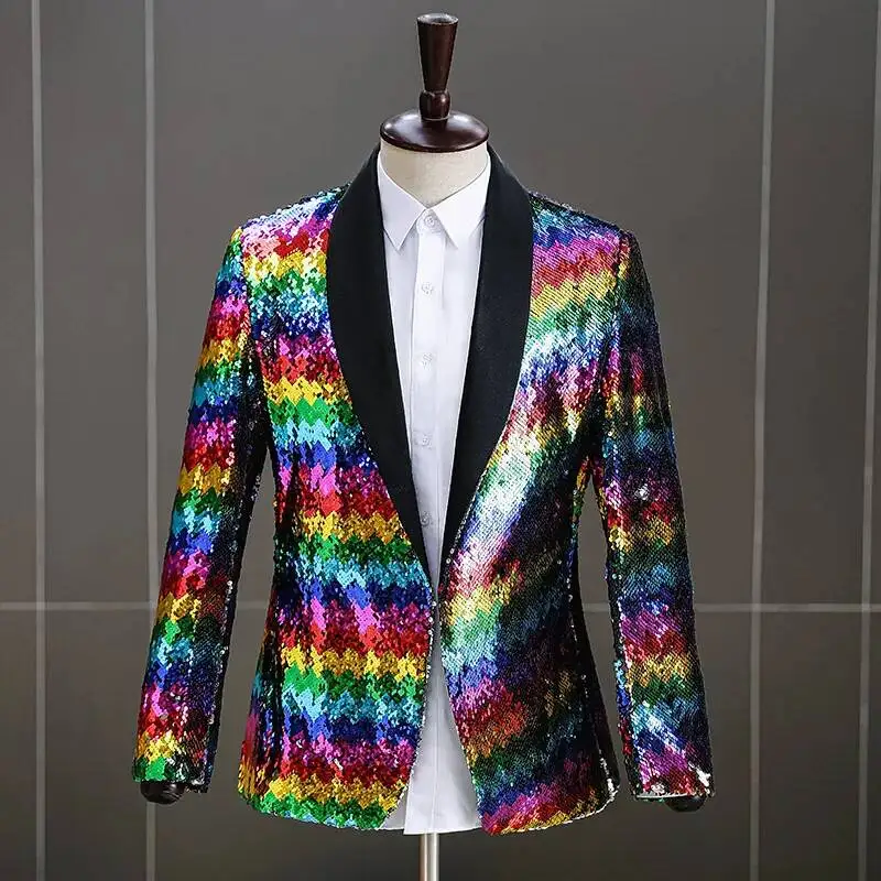 

Performance Suit Jacket, Male Stage Costume, Singer Evening Host, Colorful Sequins, Chorus Performance Studio Costume