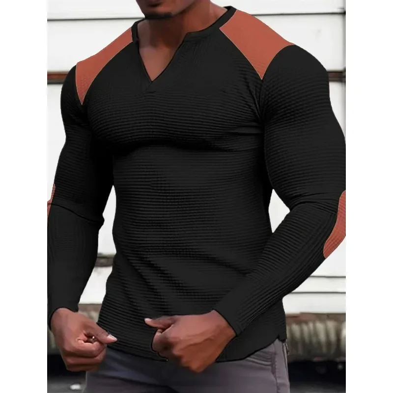 

2024 Men's Waffle V-neck T-shirt with Long Sleeves for Casual Sports Polo Shirt Pullovers