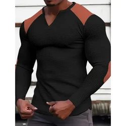 2024 Men's Waffle V-neck T-shirt with Long Sleeves for Casual Sports Polo Shirt Pullovers