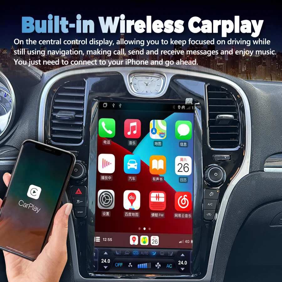13.6 นิ้ว Android Qled หน้าจอวิทยุสําหรับ Chrysler 300c 2013 2019 GPS CarPlay รถมัลติมีเดียเครื่องเล่นวิดีโอสเตอริโอหน่วย 256GB