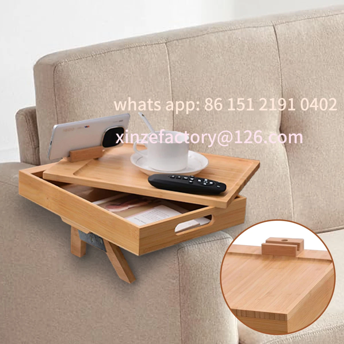 

Customizable Bamboo Couch Tray, Multi-Function Folding Sofa Armrest Tray Bracket, Tray For Eating