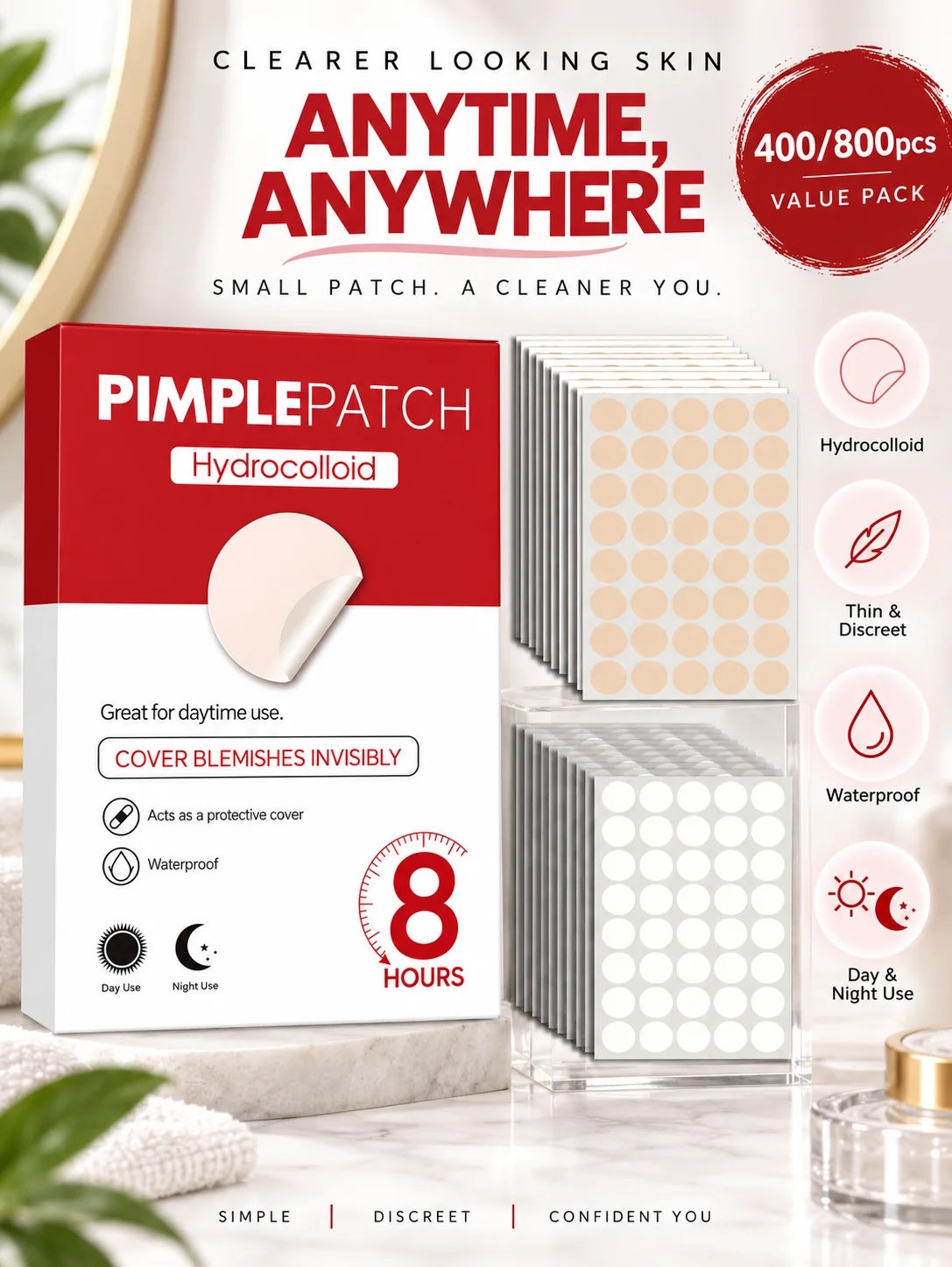 Acne patches, hydrogel acne concealer patches, daily facial care patches, blemish concealment