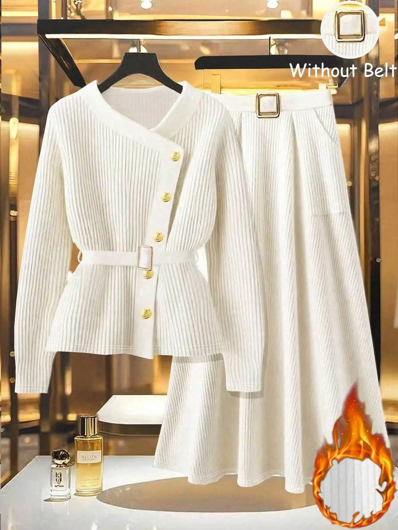 

Женский комплект из двух предметов: белый трикотажный топ с пеплумом и юбка миди с золотыми пуговицами