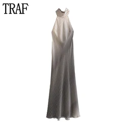 TRAF 2024 Striped Maxi Dresses for Women Satin Backless Long Dress Woman off Shoulder Halter Dress Women Summer Slip Dress Woman