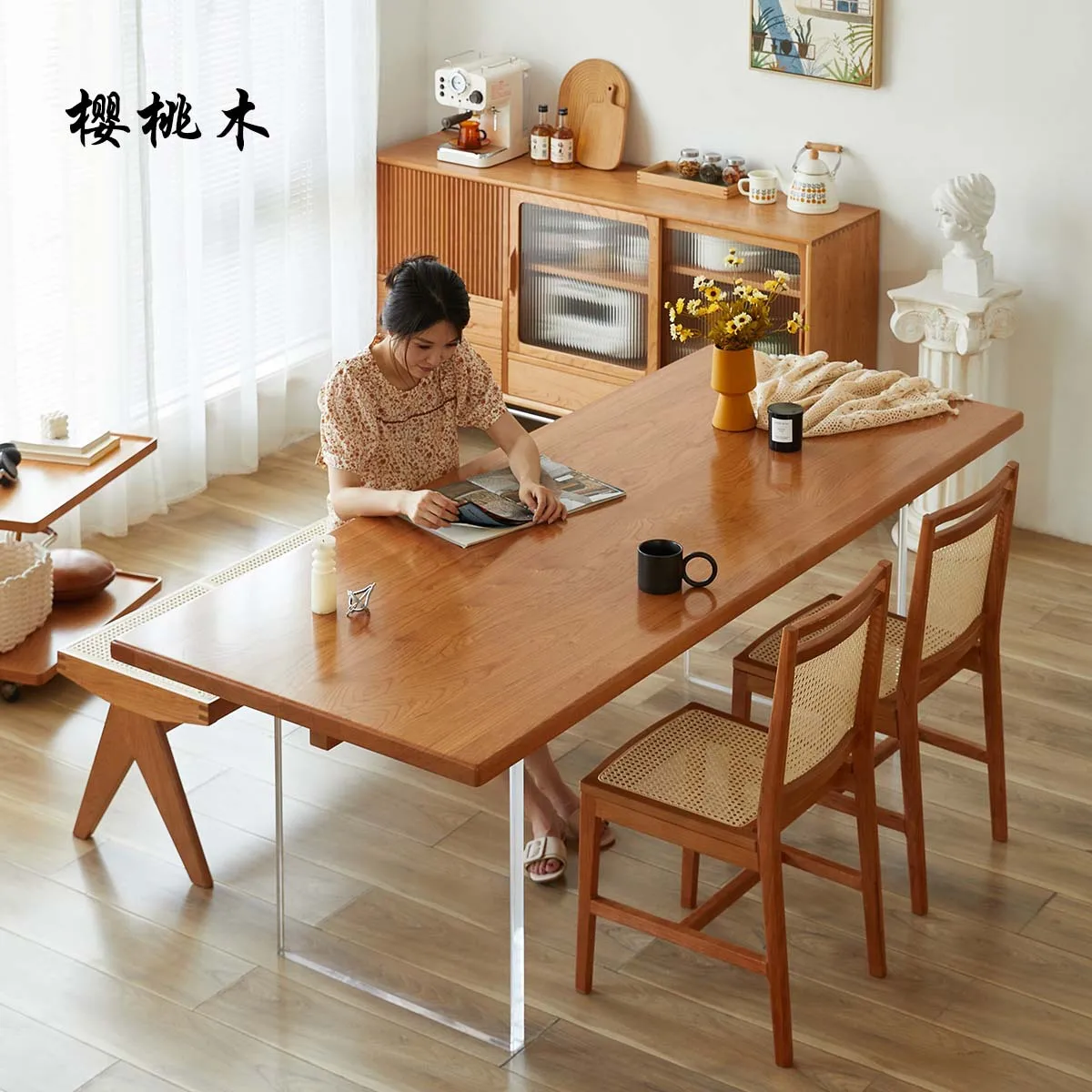 

Light luxury acrylic solid wood suspended dining table, white wax wood cherry wood walnut wood large board table