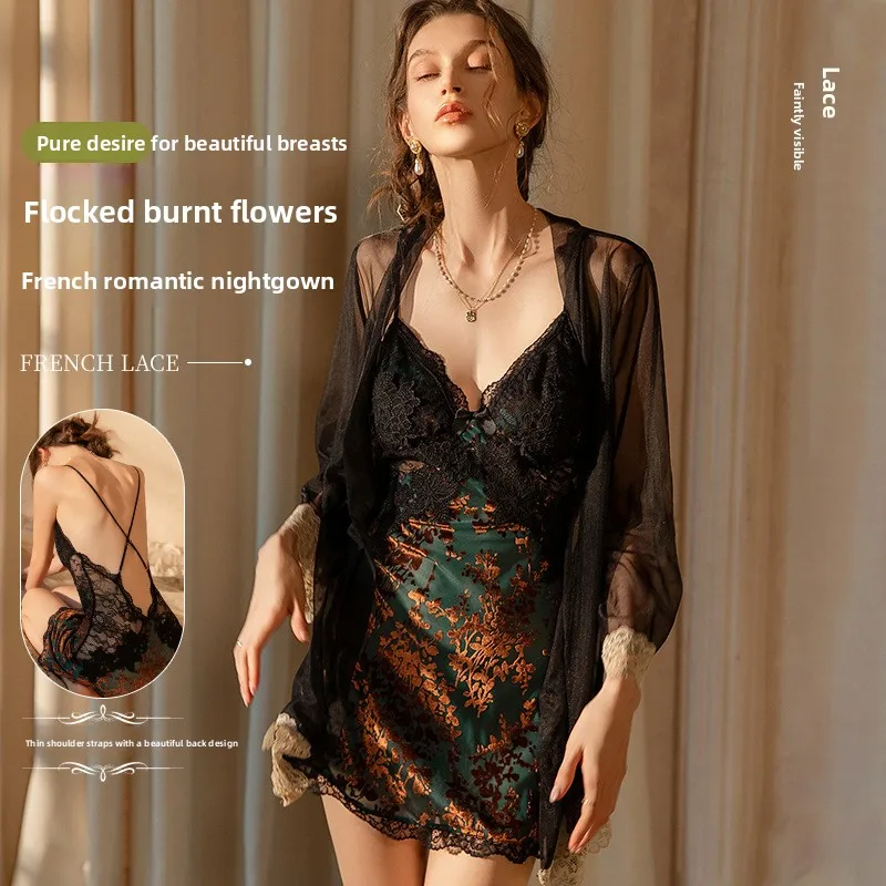 Exquisite Water soluble Flower Lace Cross Back Strap Sleeping Skirt Spring/Summer  Plush V-neck Short Skirt Women's Pajamas
