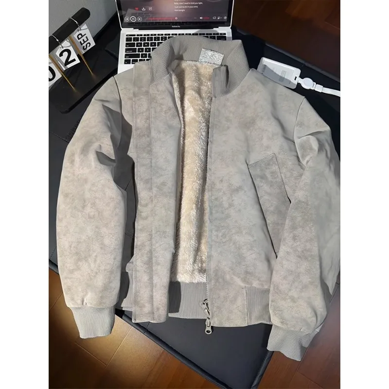 

Light ey Dyed ort Stand Collar Jaet Cotton Coat for Men Winter Lamb Velvet Inner oulder Level Baseball Jaet Trendy ...