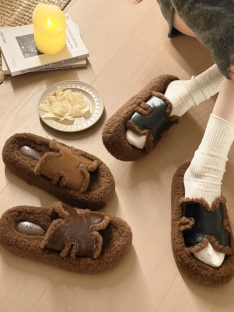 Women's Thick Bottom Fleece Lined  Cotton Slippers Outdoor Wear Retro High End Sensation Fur Slippers Korean Style