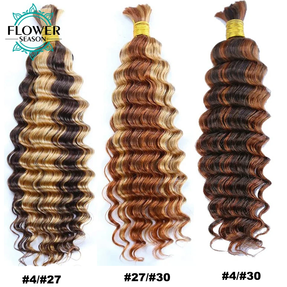 Bulk Human Hair For Braiding Highlight Deep Wave Hair bulk Double Drawn Wholesale Burmese Boho Braids Human Hair Bundles No Weft