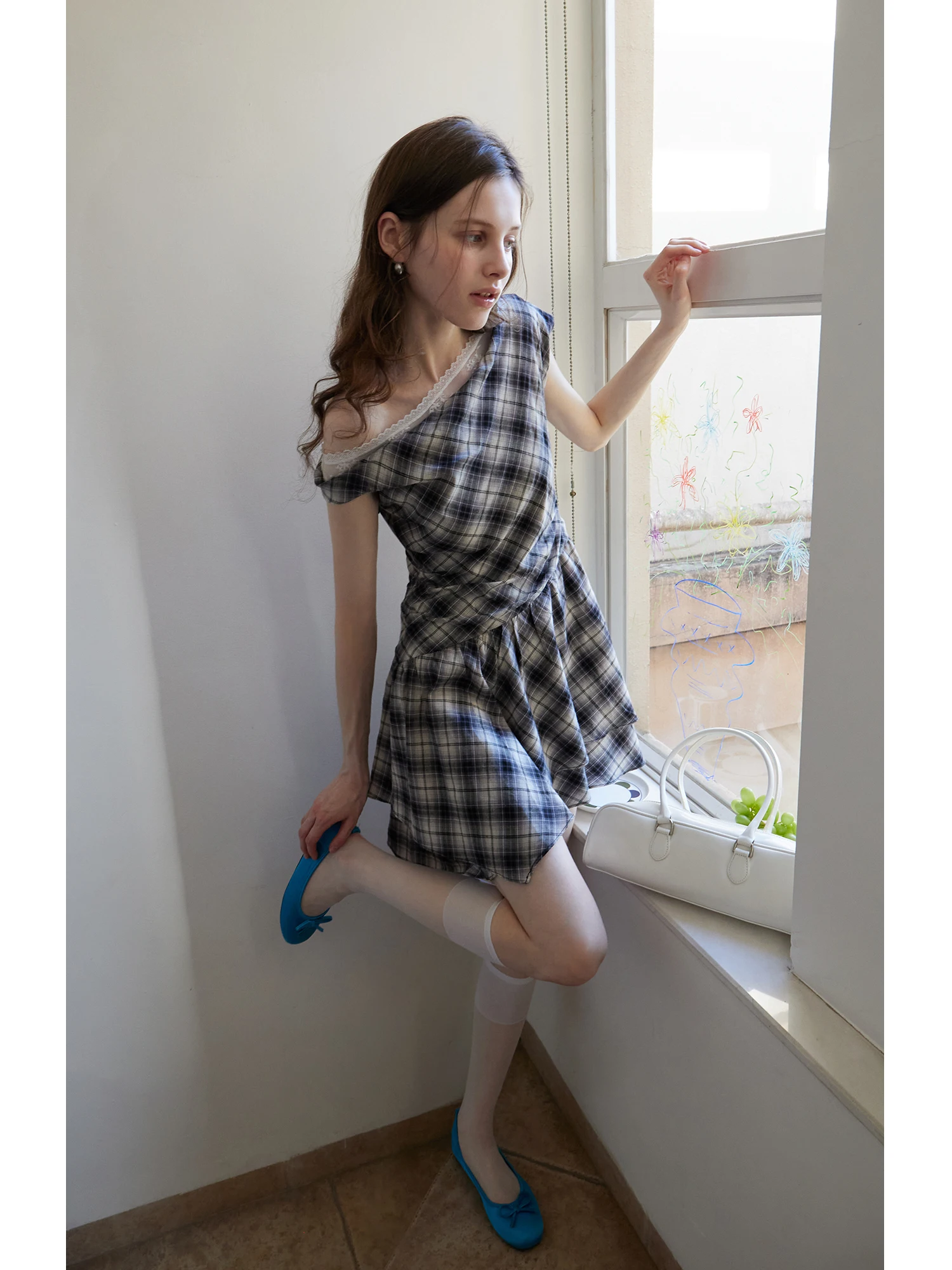 Eggka Korean Sle Lace Collar Plaid Svel Women's Dr Slimming A-Line ort Skirt High Waist Summer Faion Dr