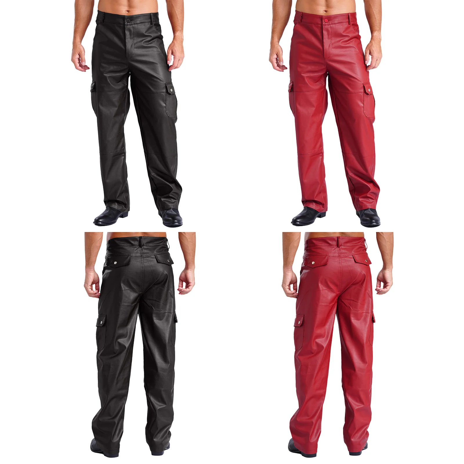 Mens PU Leather Pants Multiple Pockets Smooth Lining Trousers Stylish Motorcycle Over Pants for Daily Wear Music Party