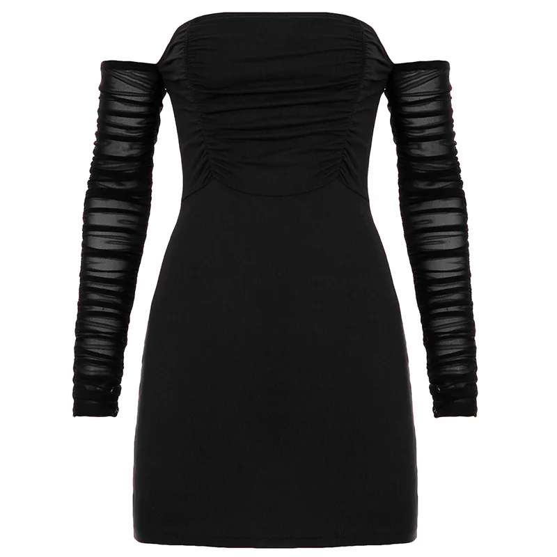 Sukienka z odkrytymi ramionami, długim rękawem, siateczką, jednolita, z wysokim stanem, plisowana, obcisła, ołówkowa.