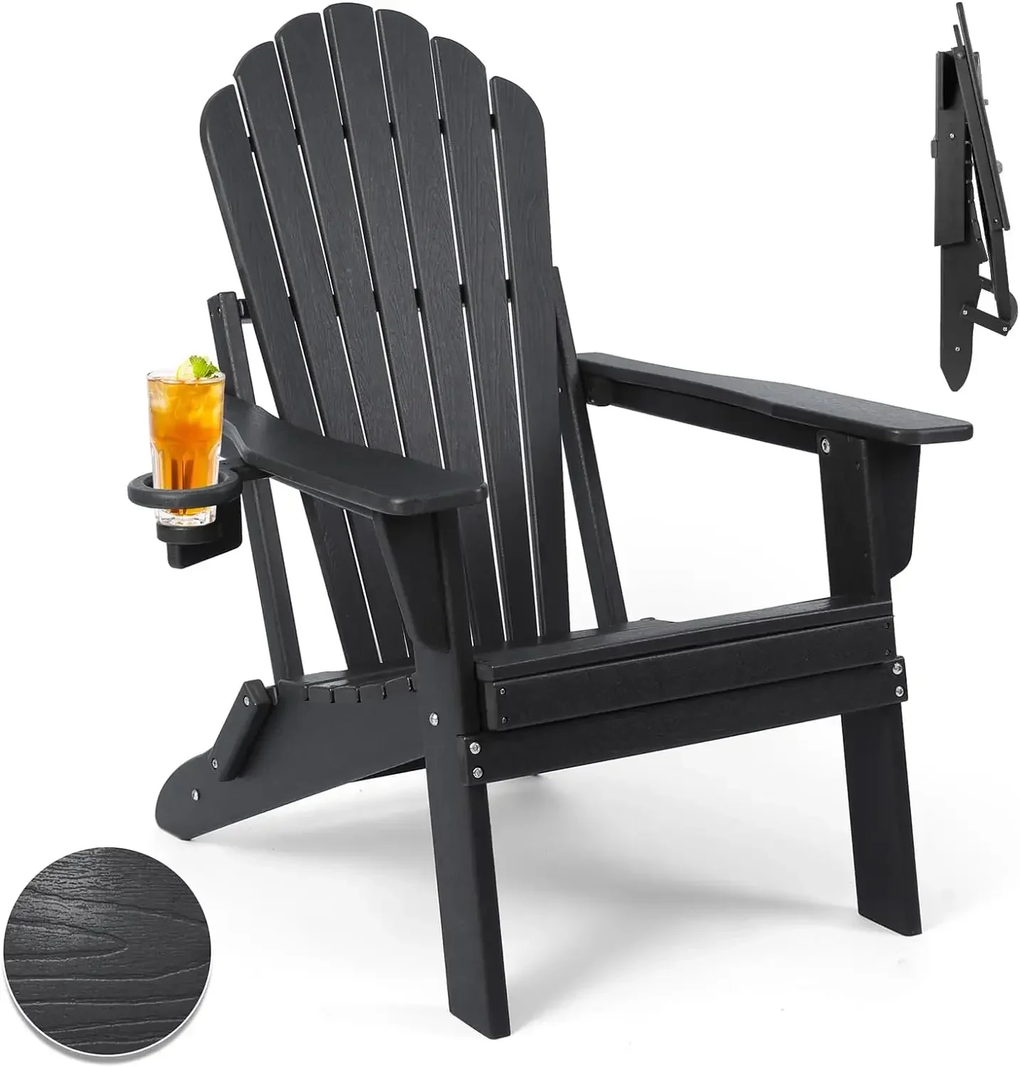 

Folding Adirondack Chair Set of 2,SGS Tested,Wooden Textured with Cup Holder,Widened Heavy All-Weather HDPE Comfortable