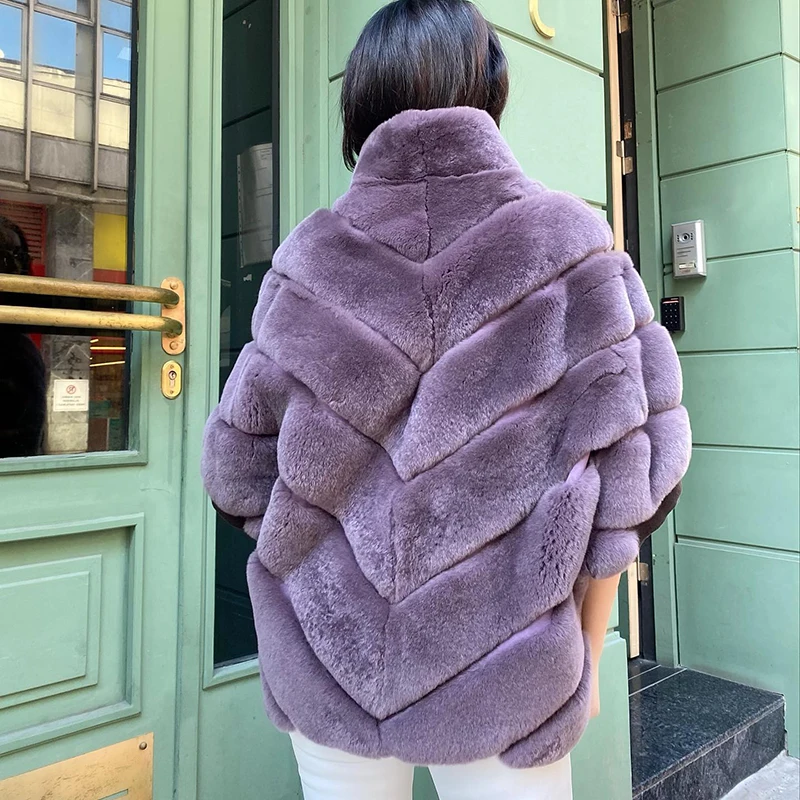 Half Sleeve Stand-up Neck Natural Rex Rabbit Fur Jacket Women Streetwear Thicken Tide Warm Autumn Winter Tide Fur Coat Lady