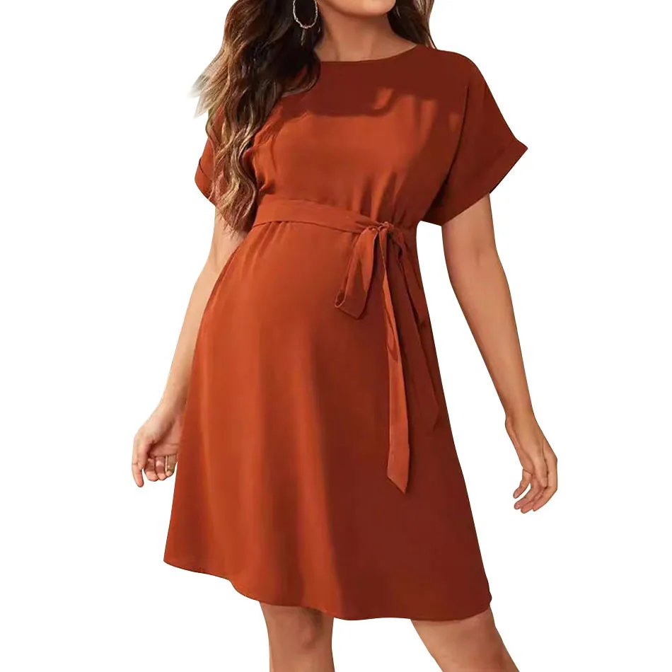 

Pregnant Women's Clothing Summer Bat Sleeved Loose Dress Can Be Tied With Waist High Waist Dress