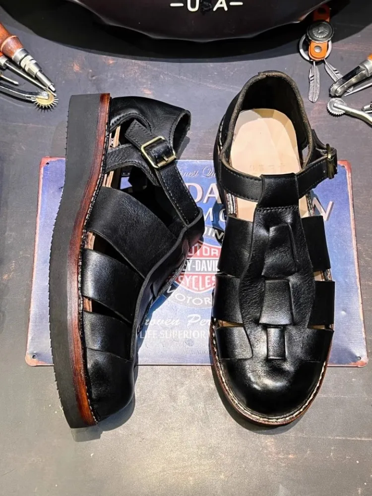 Summer New Men Cowhide Genuine Leather Sandals Buckle Strap Close Toe Cross Strap Vintage Gladiator Shoes Casual Beach Sandals