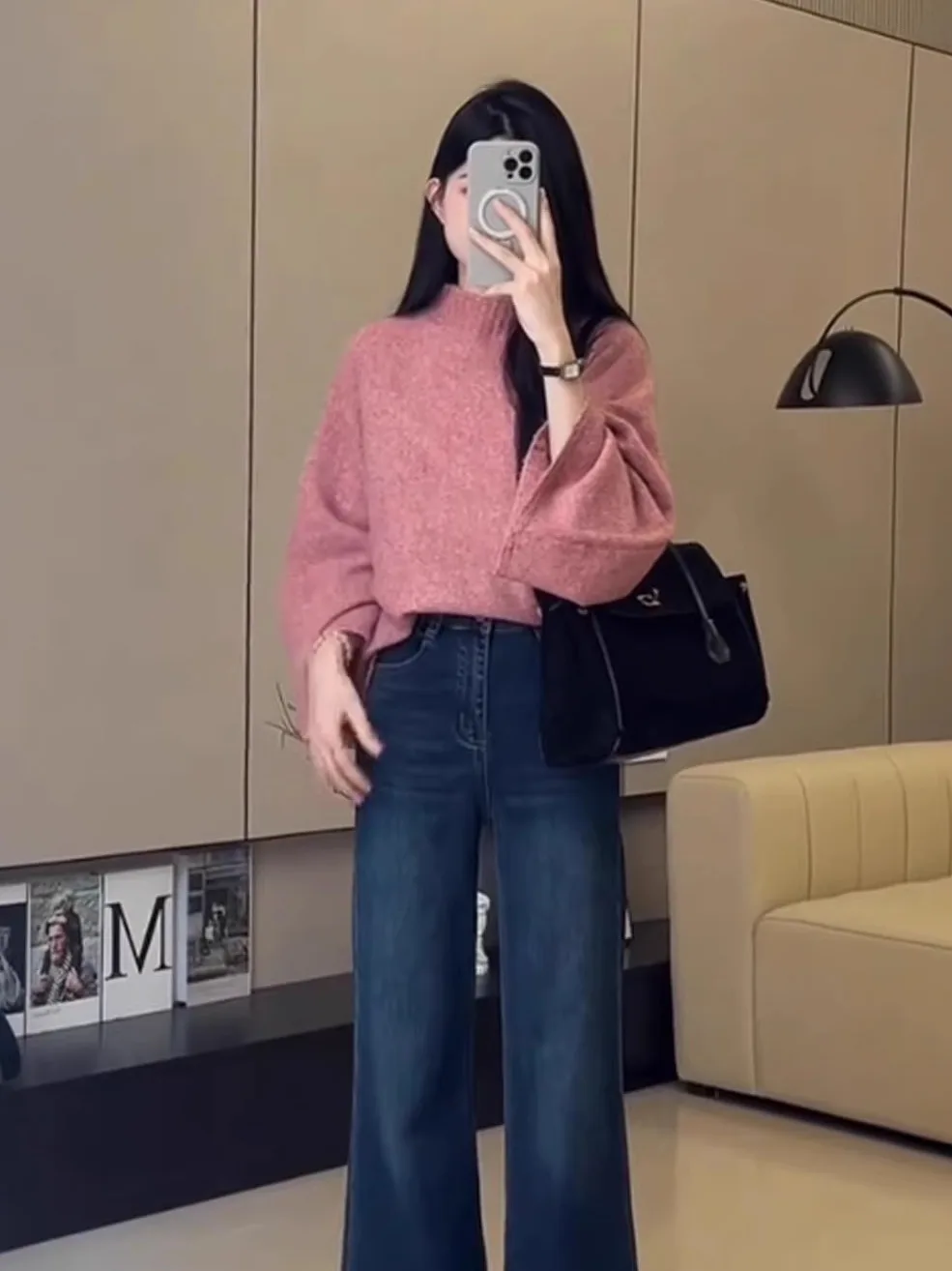 ピンクのゆったりとしたハイネックニットウェア、秋冬用、バットウィングスリーブ、カジュアルなロングスリーブトップ、女性用、ゆったりとした小さめサイズ