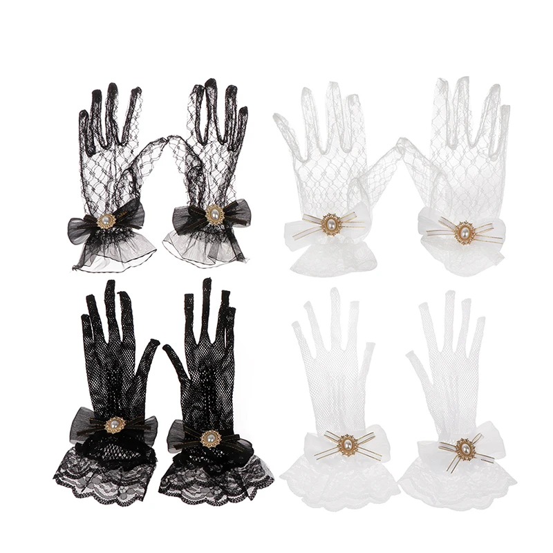 Luvas artesanais de renda Lolita para mulheres, arco de malha, luvas de flores, luvas pretas e brancas, acessórios para meninas, cosplay