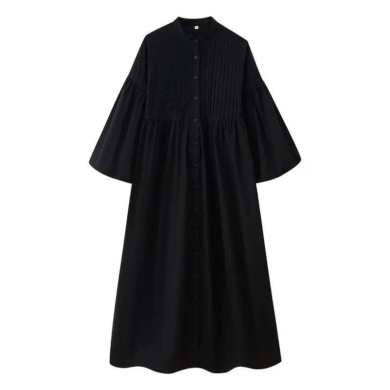 Automne 2025 T-shirt Faionable pour femme couleur ronde Ne boutonnée bulle Sve Dstring décoré Dr polyvalent pour les déplacements C...