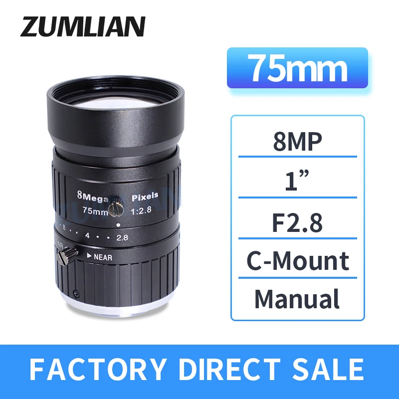 ZUMLIAN 75mm Prime Lens 1'' C-Mount F2.8 Manual Iris 8MP Low Distortion Lens for Industrial Inspection Machine Vision Cameras