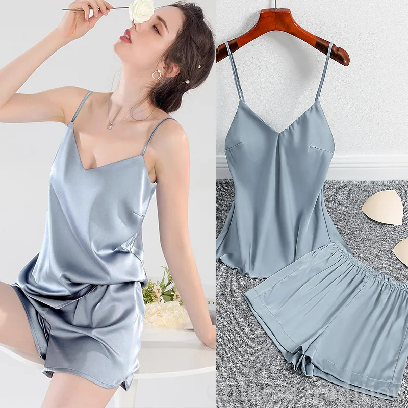 

Solid Satin Pajamas Home Clothes Women Sleepwear Loungewear Sexy V-Neck Cami&shorts 2Pcs Pyjamas Nightgown Sleeveless Nightwear