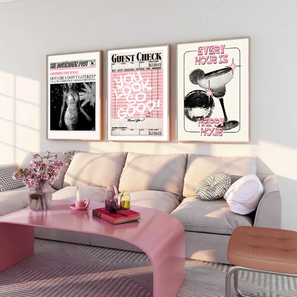 3pcs Preppy Retro Aesthetic Y2K Poster Funky Guest Check Disco Ball Trendy Painting Canvas Print Bar Cart Wall Art Decor Picture
