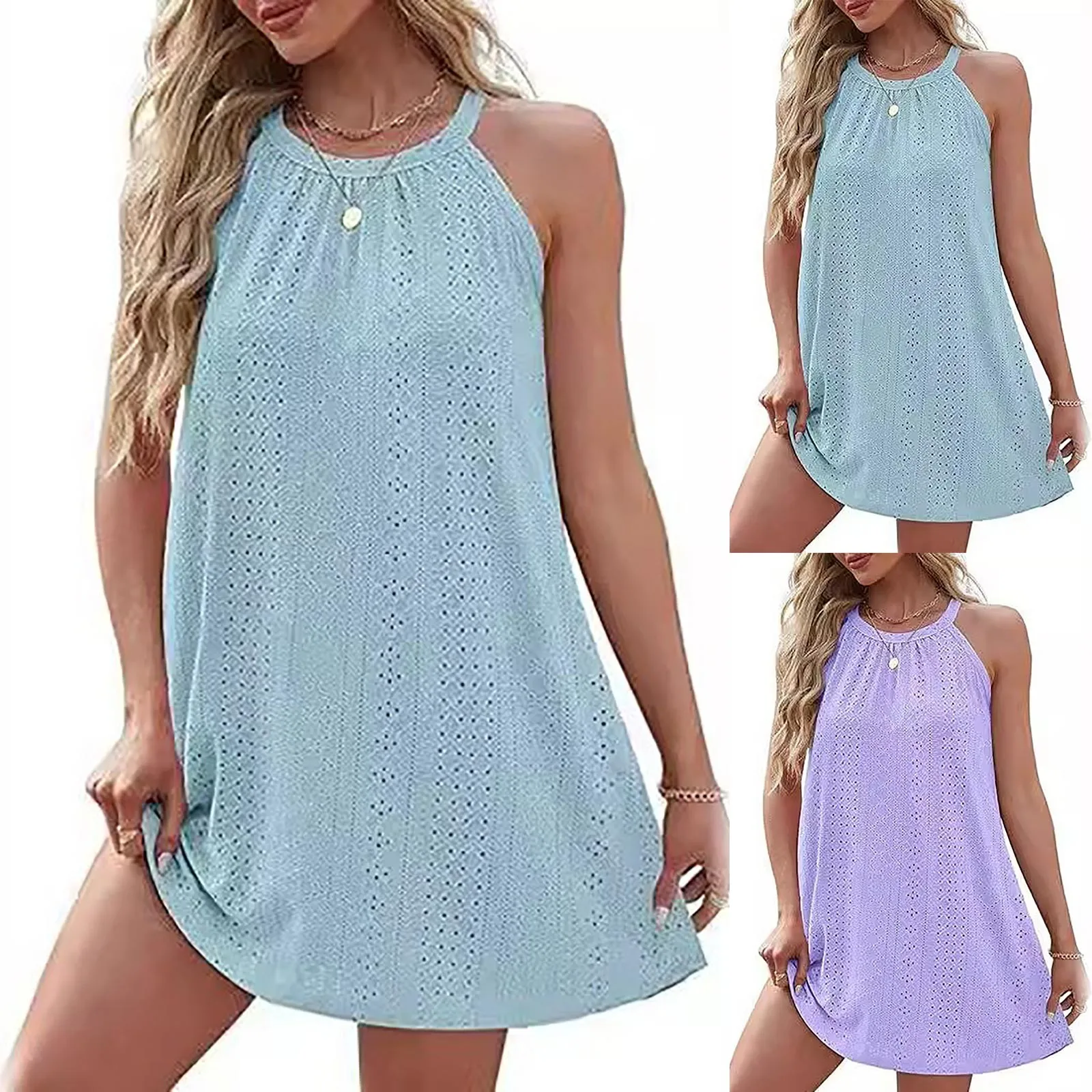 Women Swimsuit Cover Up Summer Fashion Neck Sleeveless Tank Top Beach Dress Solid Color Loose Casual Short Skirt Bikini Cover Up