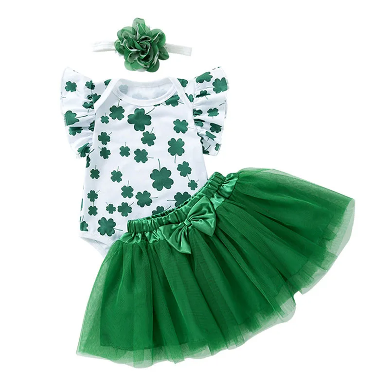 

0-18M Baby Girls Irish Day Outfits Clover Print Rompers and Elastic Tulle Skirt Headband Set Cute Summer Clothes