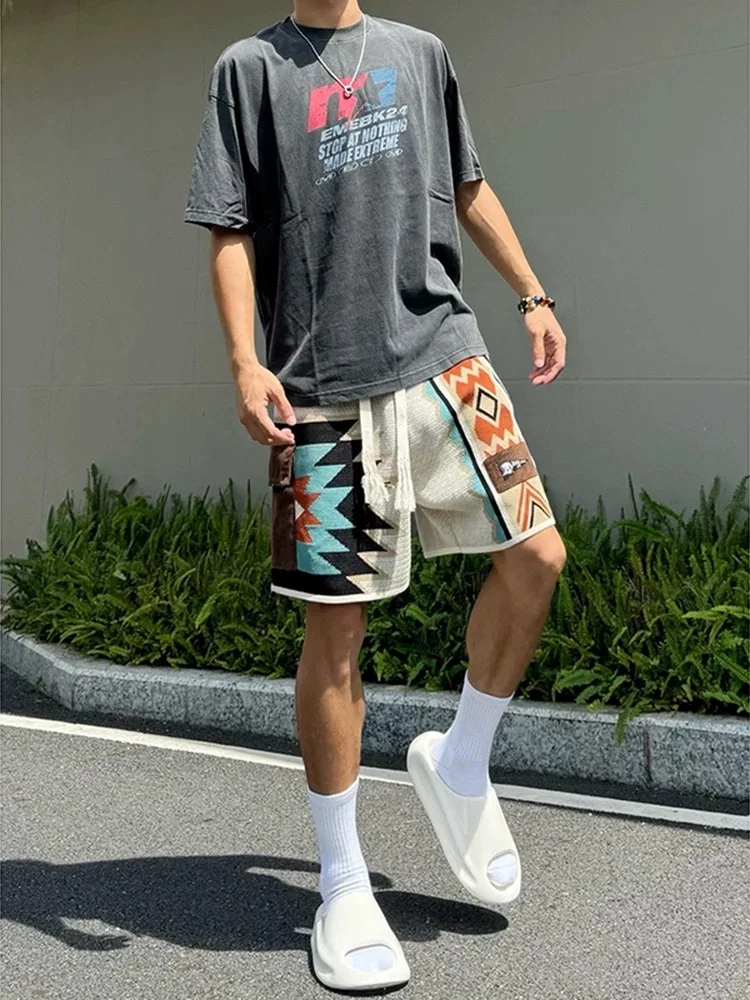 Male XXXL Trendy Geometric Ethnic Travel Shorts Men Summer Knit Bohemian Beach Holiday Shorts Tropical Pocket Daily Streetwear