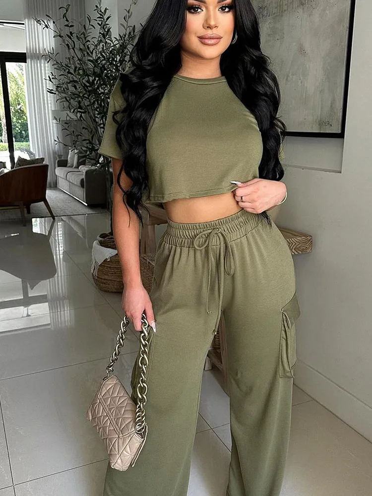 Summer Streetwear Solid Pants Set Women Two Piece Casual Outfits Short Sleeve T-shirt Crop Top and Drawstring Pocket Cargo Pants