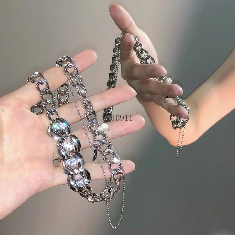 ダイヤモンドセット スプライシング スターリング シルバー キューバ ネックレス レディース ライト ラグジュアリー ニッチ ハイエンド 二層鎖骨チェーン