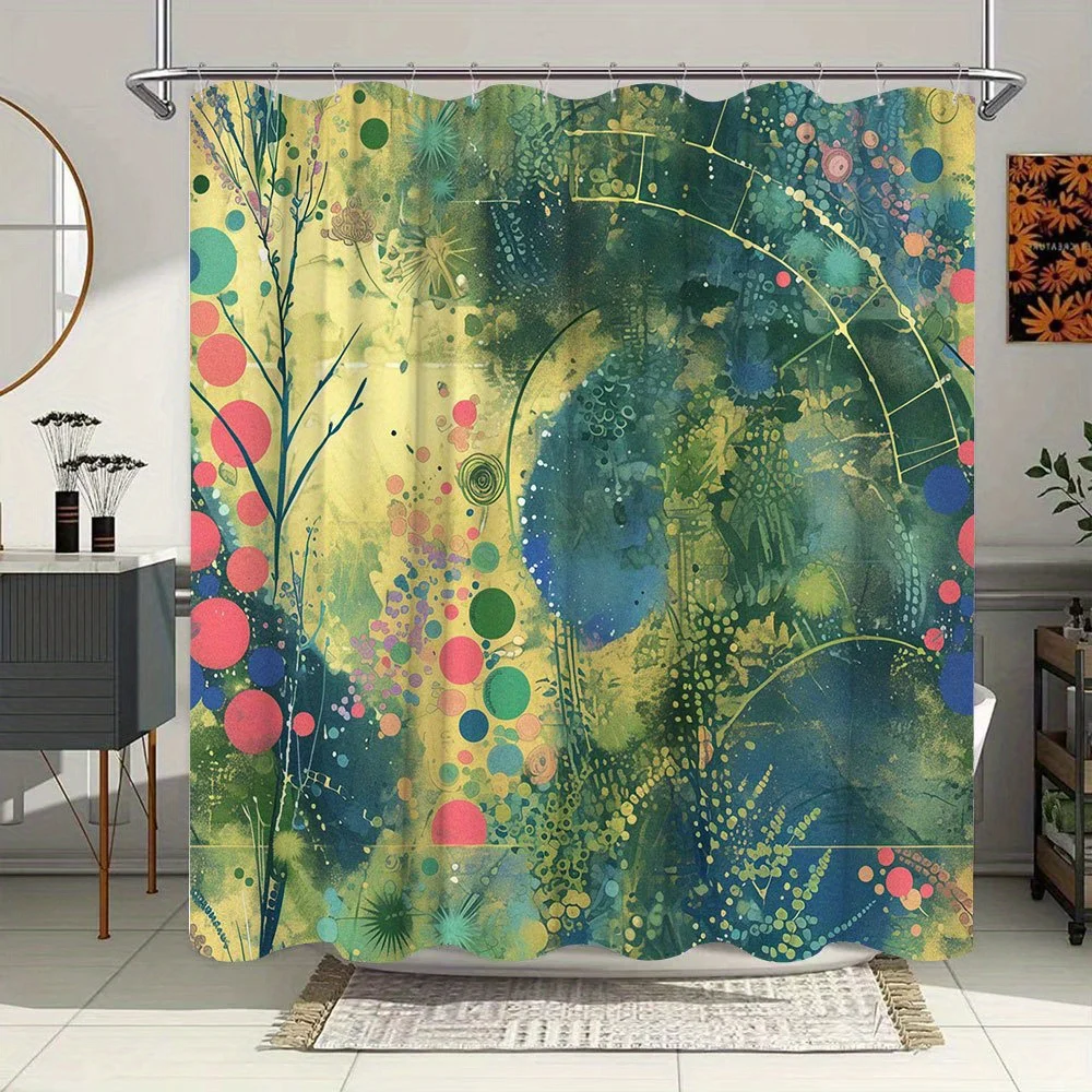 

1pc Abstract Kaleidoscope Shower Curtain - Swirling Colorful Circles, Floral Botanical & Watercolor Textures, Whimsical Dreamlik