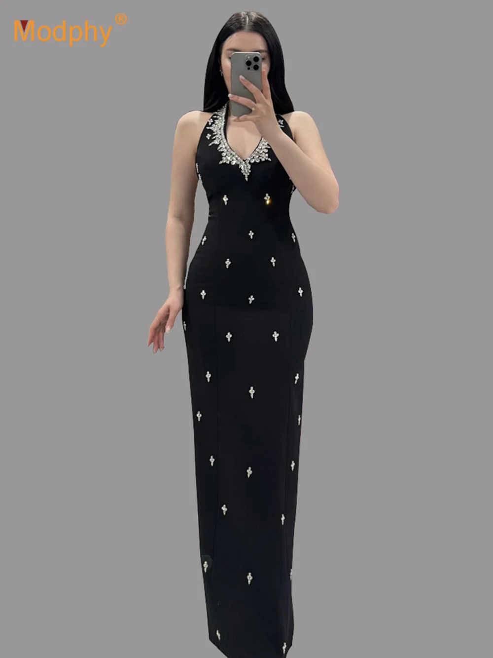 

Women Celebrity Sexy Diamonds Backless Halter Black Maxi Long Bodycon Bandage Dress 2025 Elegant Evening Club Party Dress