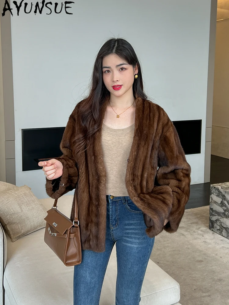 

AYUNSUE натуральный бархатный норковый мех, женская мода, цельное норковое пальто с v-образным вырезом для женской одежды, элегантное высокое качество Abrigo Mujer
