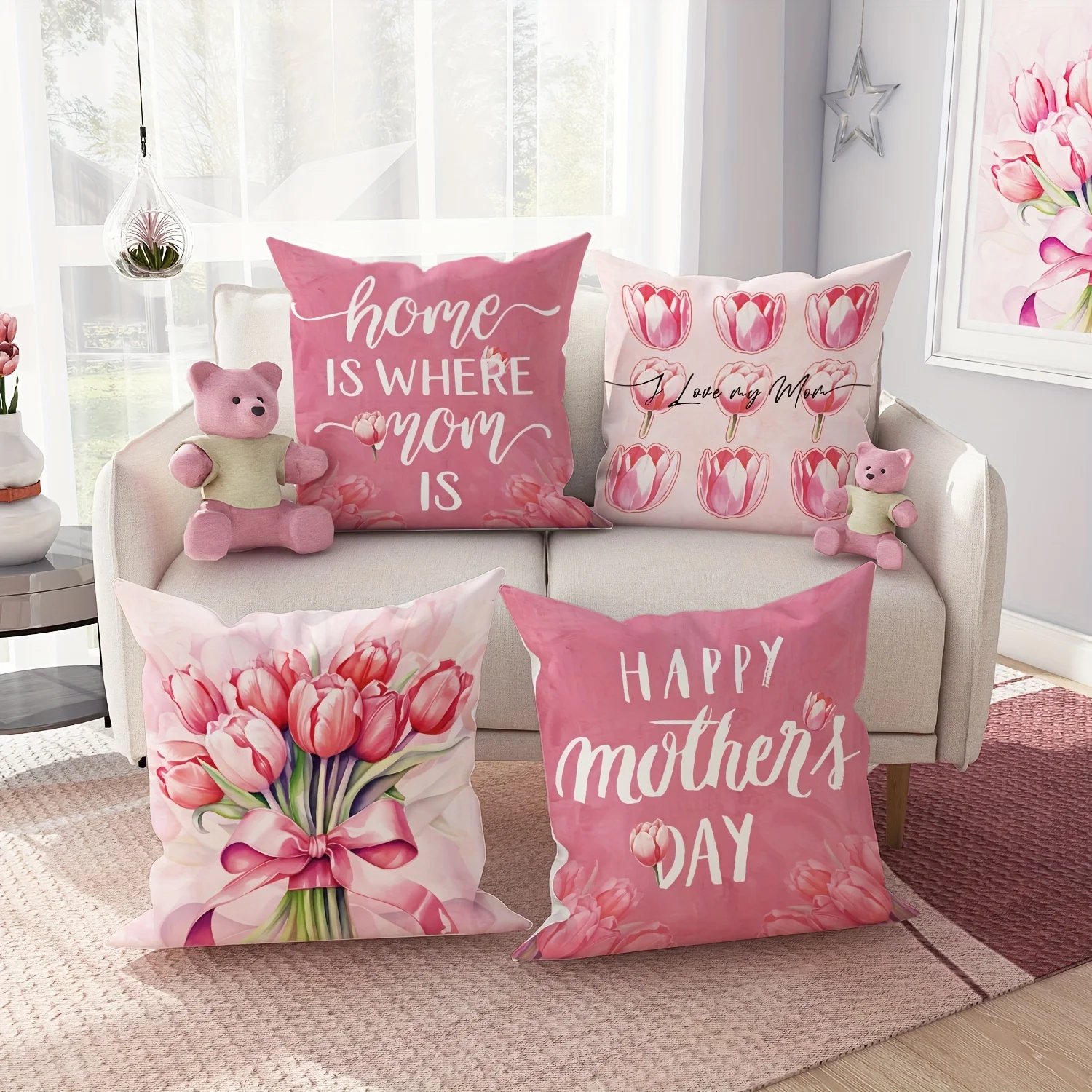 1pc Happy Mother'S Day Tulip Bouquet Bow Pink Linen Throw Pillow Covers,  Decorative Cushion Covers  For Living Room Bedroom