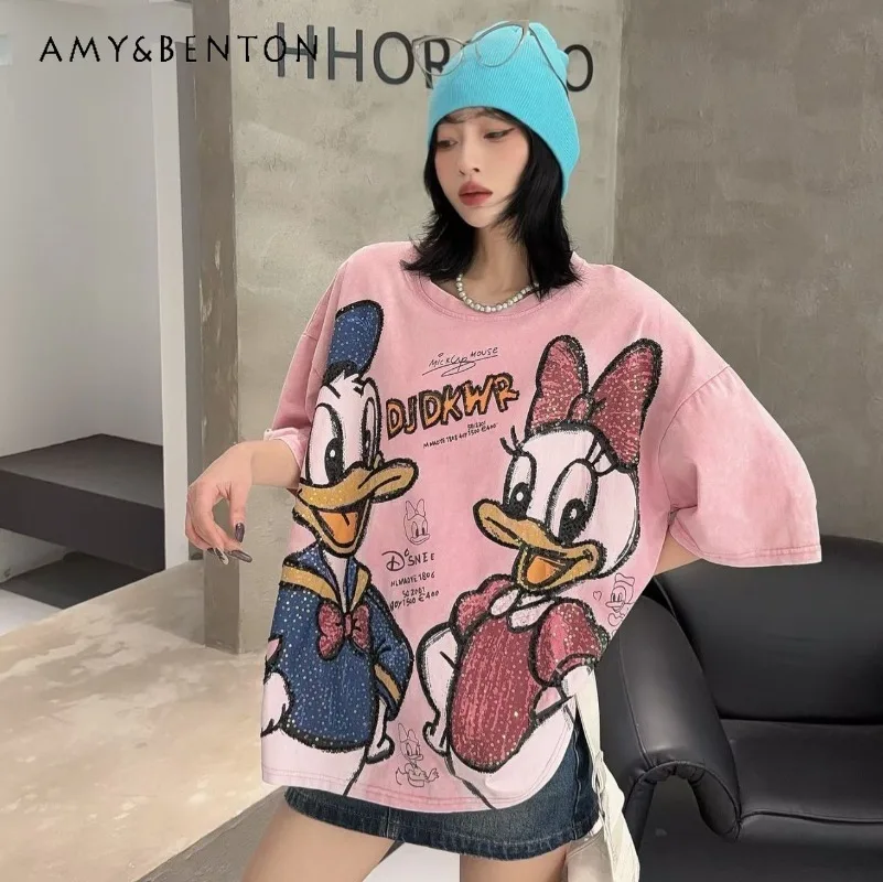 

Popular Summer New Arrival Fashion Top Heavy Industry Diamond Drills Cartoon Age Reduction Loose Short-sleeved T-shirt For Women