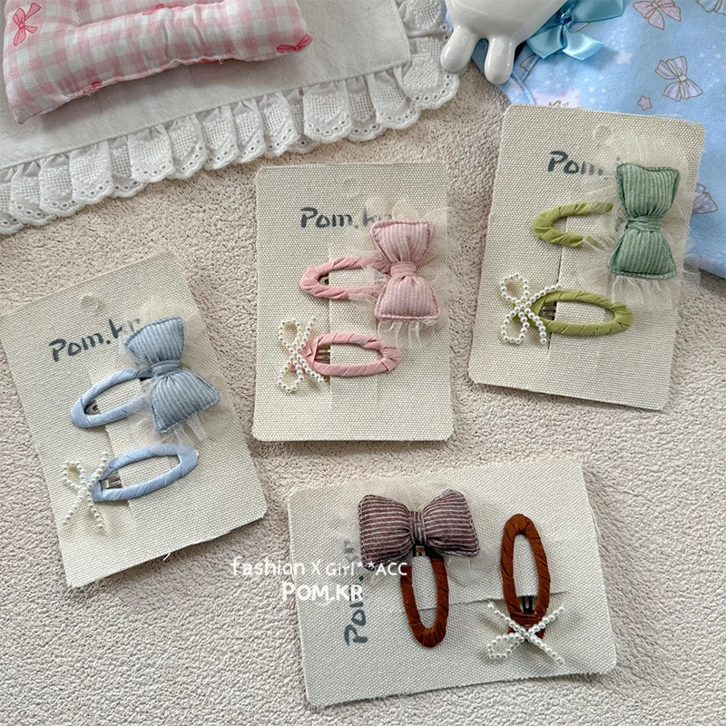 2pcs/set Korean Sweet Hair Clip for Kid Girl Pearl Bow Rhinestone Princess Hairpin Cute Side Bangs Clips for Children Headwear