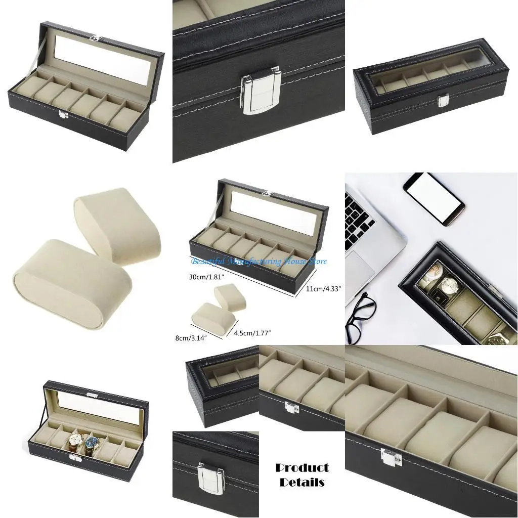 

E56A Многофункциональная коробка для часов с 6 слотами, кожаный держатель для часов с замком на одно слово