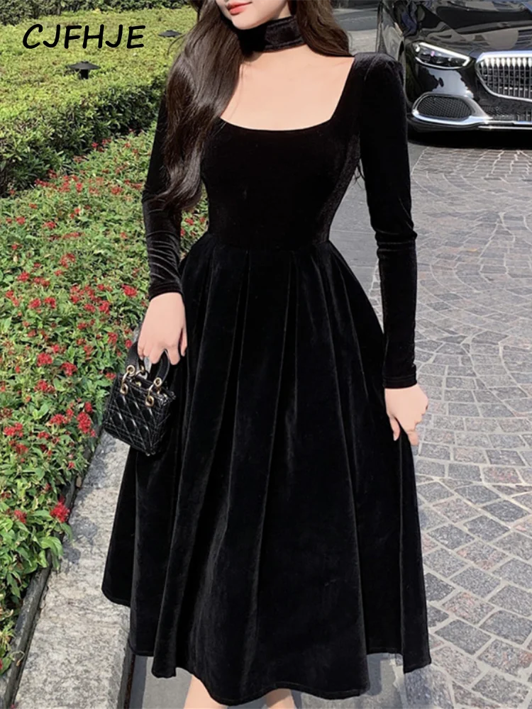 CJFHJE Black Velvet Evening Party Midi Dresses France Vintage Elegant Lady Dress New Winter Korean One Piece Dress Women Autumn